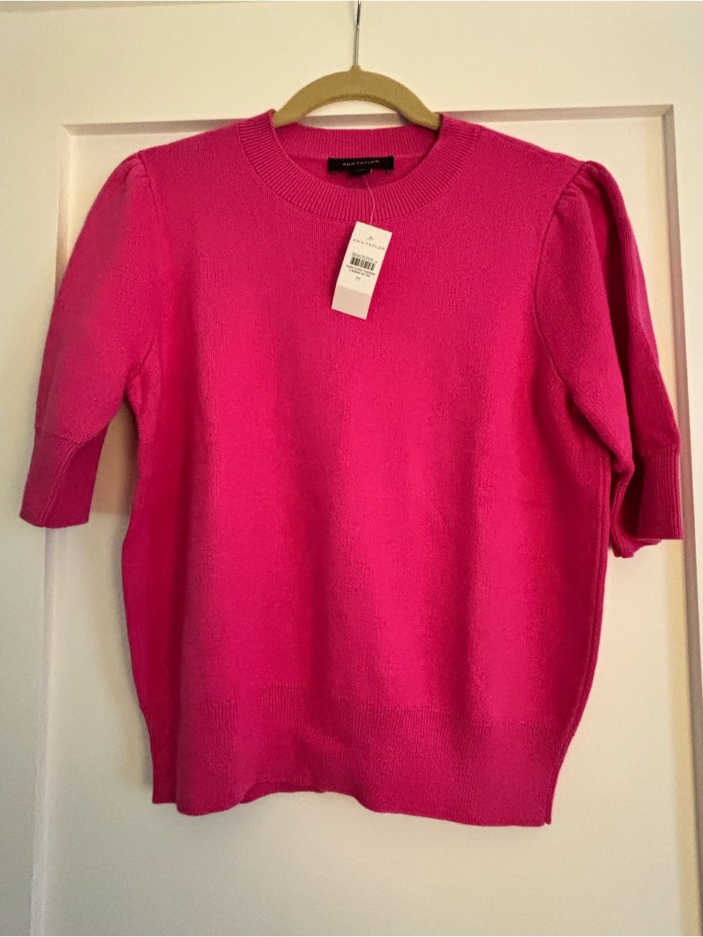 Ann Taylor Hot Pink Puff Sleeve Crewneck Sweater
